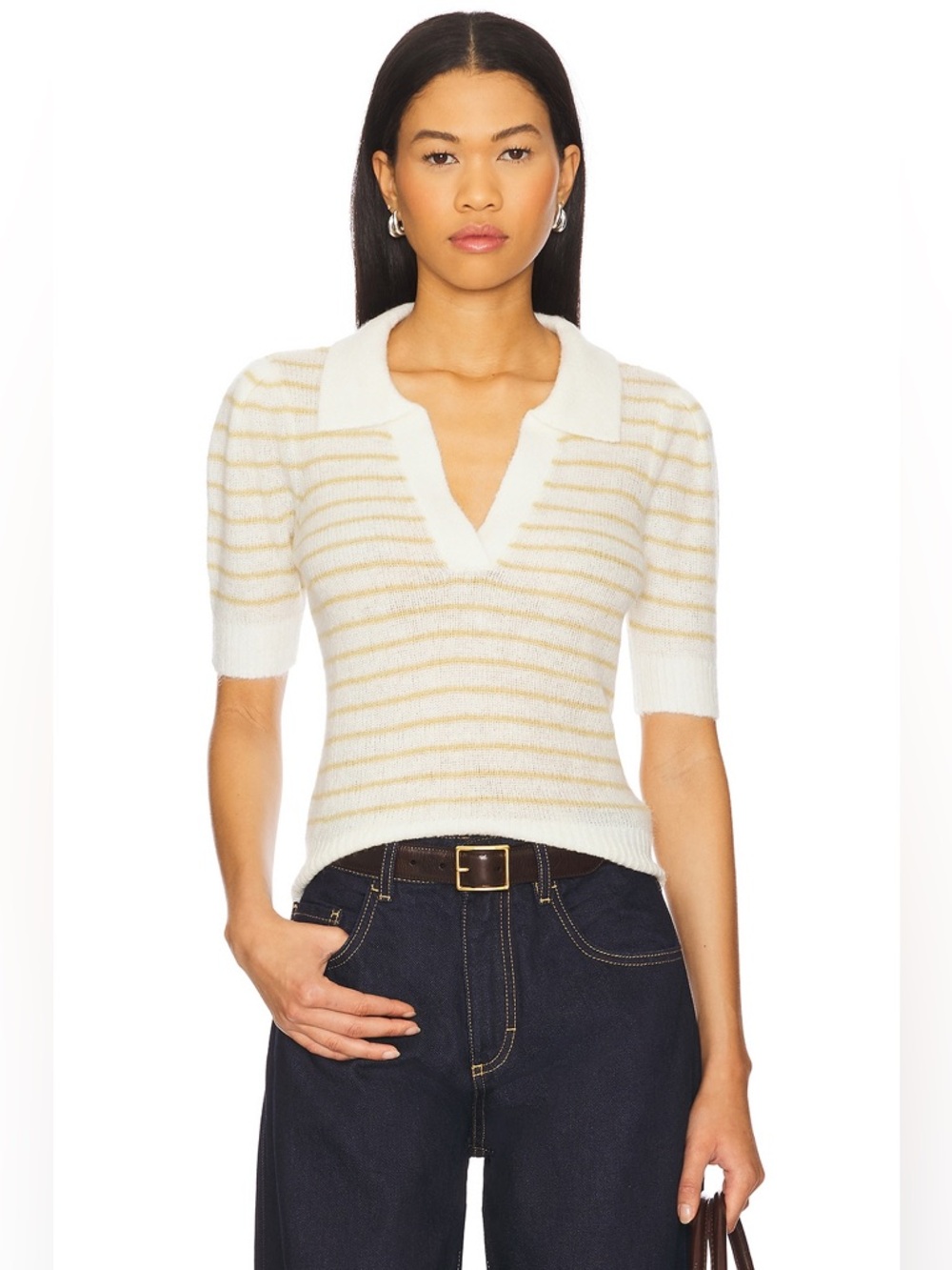 PISTOLA Billie Pleat Sleeve Polo Shirt Medium in Pistachio Shell Stripe Preppy